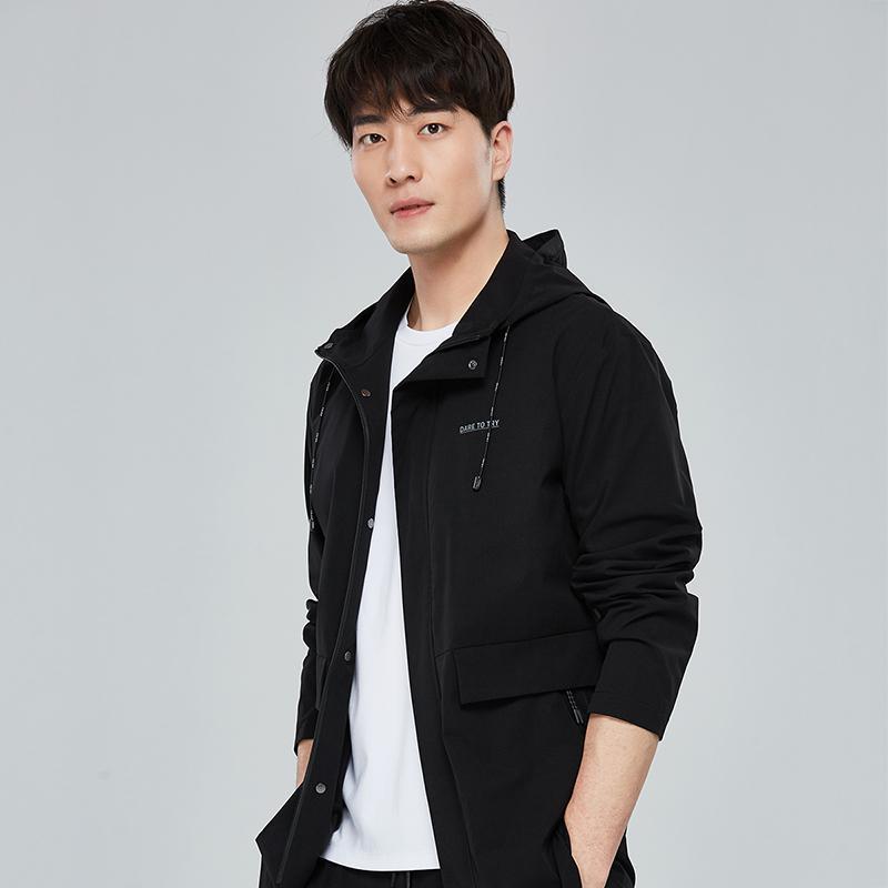 才子男装黑色连帽夹克男士春秋季休闲青年帅气韩版修身中长款外套
