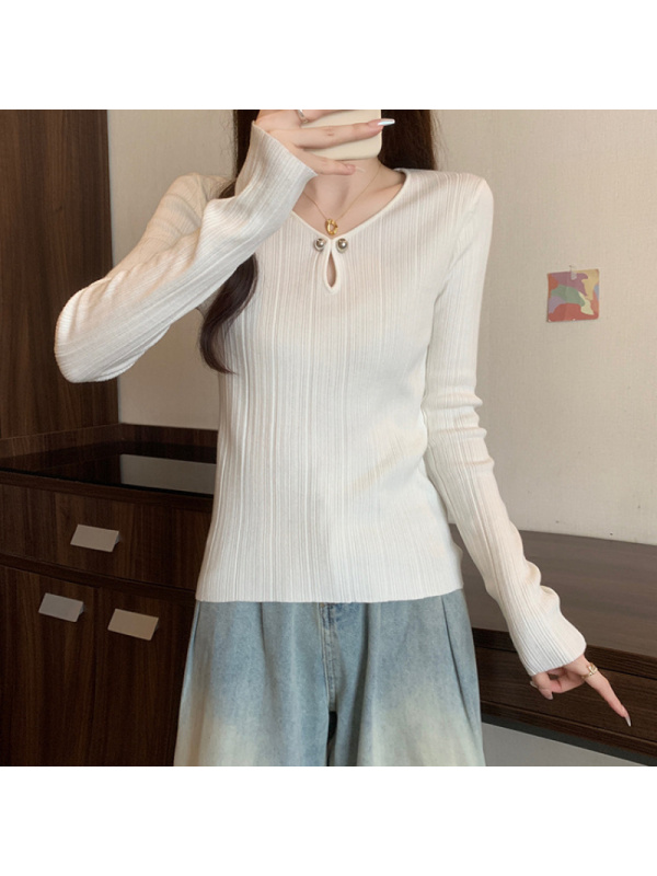 秋季新款设计感V领长袖打底衫内搭针织衫休闲ins韩版通勤个性上衣