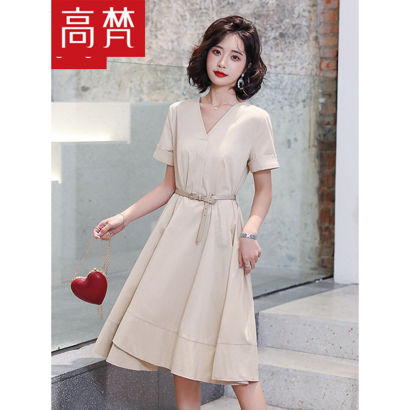 高梵女装2020春季新款V领大裙摆a字裙子女系带收腰气质短袖连衣裙