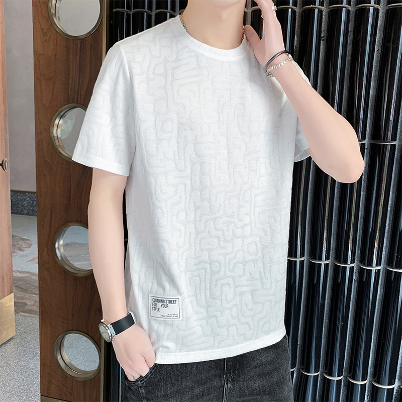 男装夏季新款男士短袖T恤港风提花布条纹直筒圆领潮流休闲打底衫