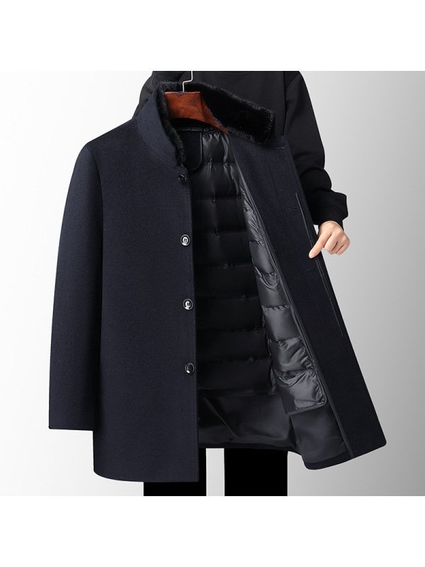 男式羊毛大衣秋冬新款中长加厚脱卸羽绒内胆羊毛风衣中老年呢大衣