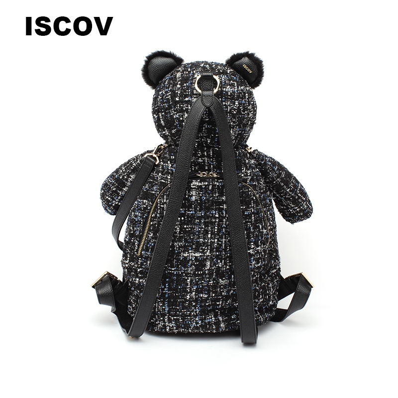 ISCOV立体狗熊造型双肩包春夏明星同款花呢背包