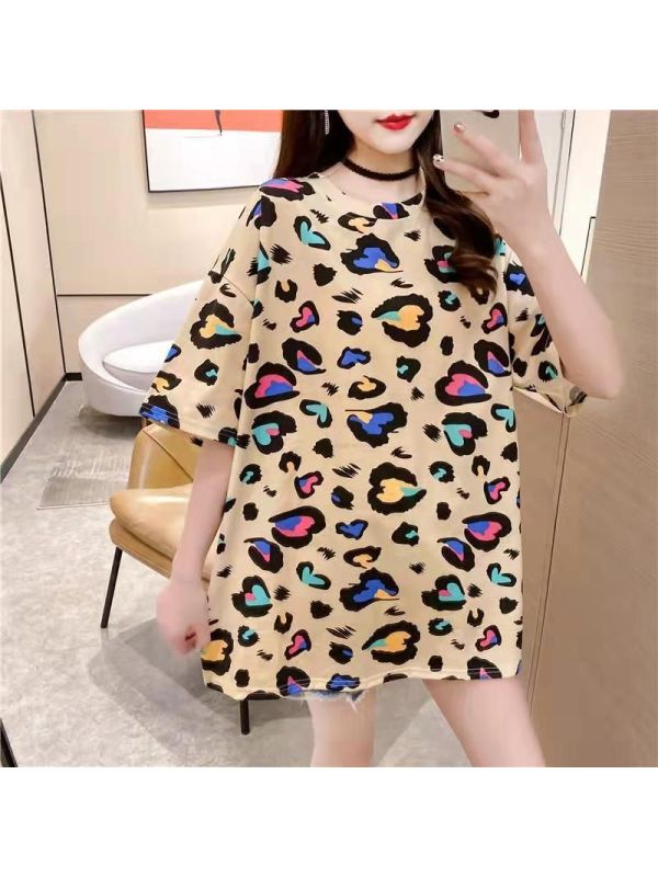 韩版扎染中长款休闲宽松短袖T恤春夏季新款女上衣印花百搭T恤