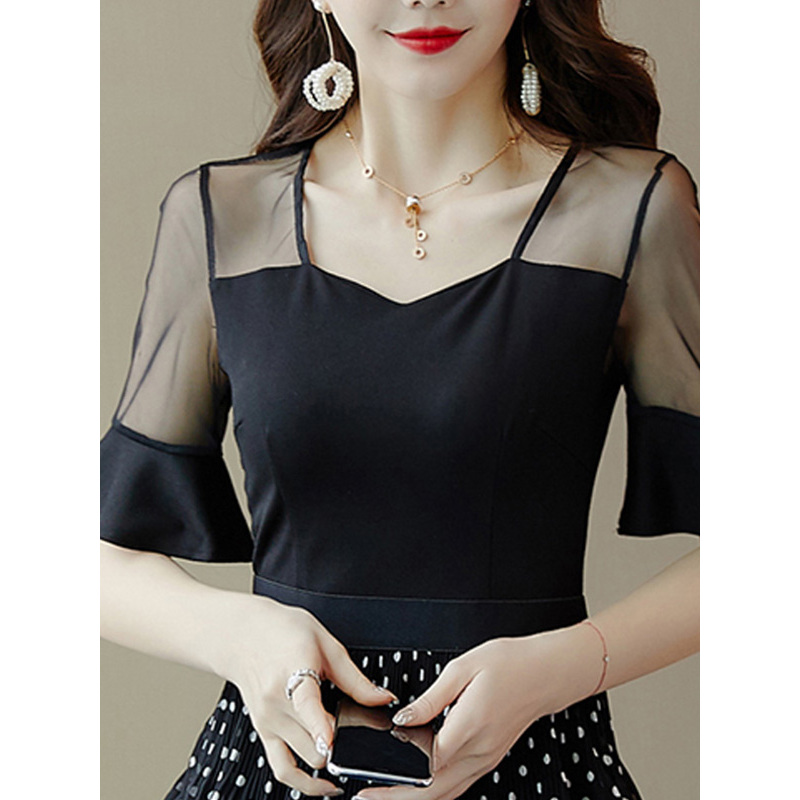 丝柏舍2019夏季女纯色短袖波点网纱拼接雪纺连衣裙S92R2169L