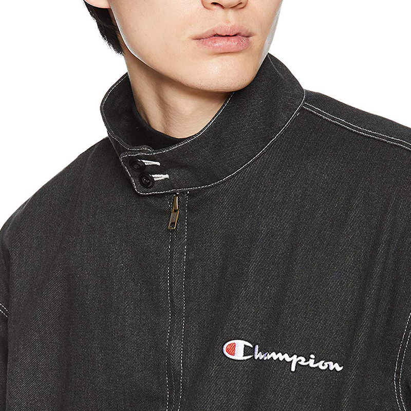 日版champion冠军正品水洗黑色草字刺绣logo牛仔夹克外套c8-p601