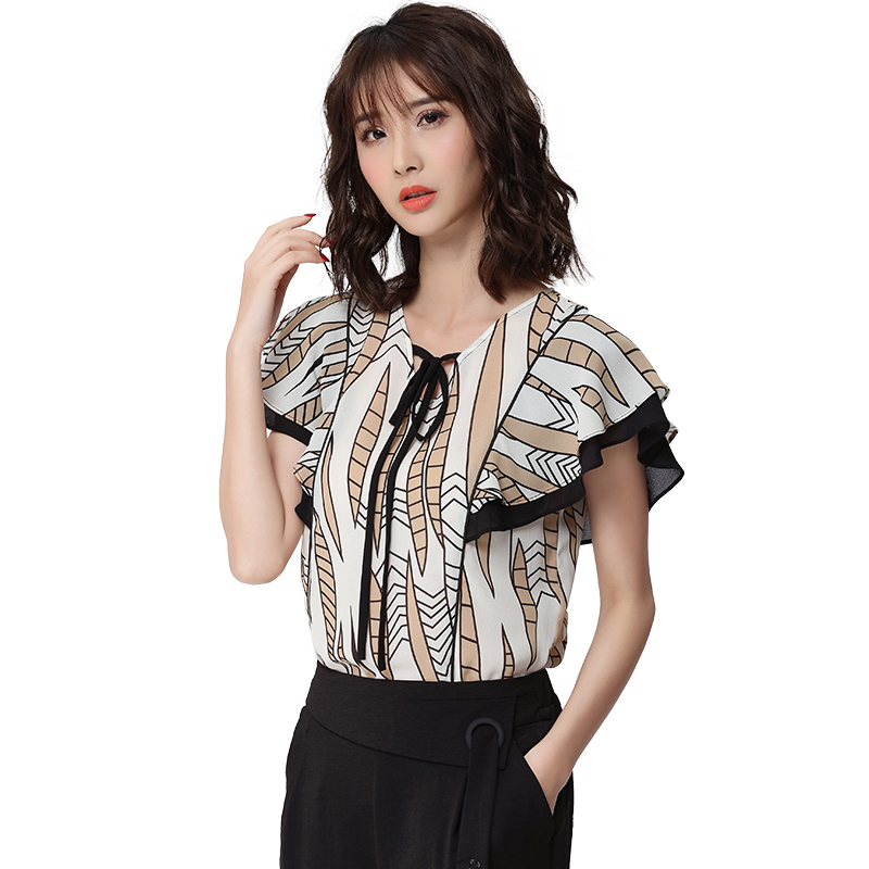 欧昵雪夏荷叶袖复古印花上衣宽松休闲套头雪纺衫女短袖x
