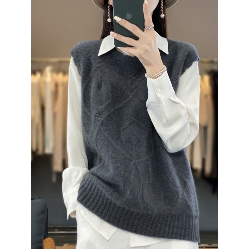 秋冬新款羊毛衫马甲背心女圆领构花无袖上衣宽松纯色羊毛针织图片
