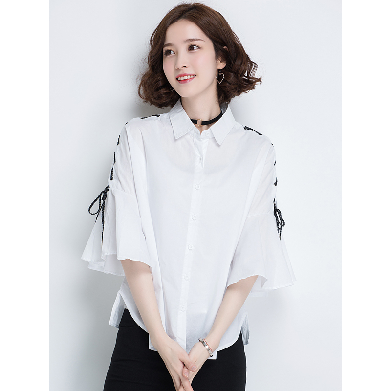 恒源祥女士衬衫春夏款韩版女衬衫上衣时尚喇叭长袖百搭小衫