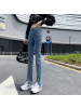 2021秋季新款开叉牛仔裤女高腰弹力修身显瘦微喇叭裤长裤口袋装饰