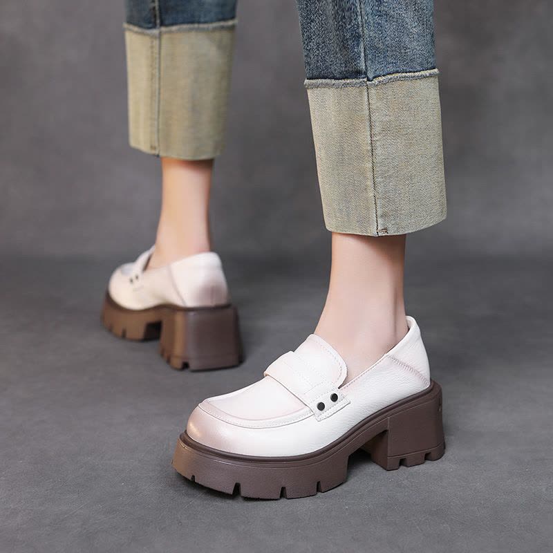 真皮英伦风小皮鞋女粗跟百搭单鞋秋季新款圆头厚底深口乐福鞋图片