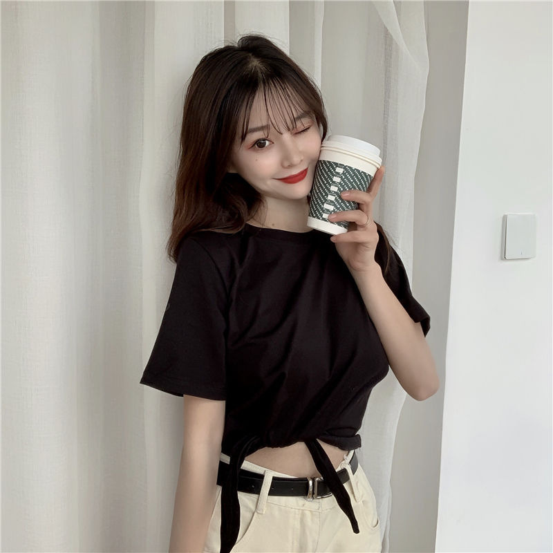 设计感打底衫女夏季新款韩版时尚高腰短款短袖纯色小心机T恤女装