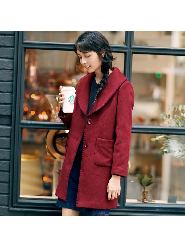 茵曼女冬款绣线大翻领毛呢外套女中长款呢子大衣