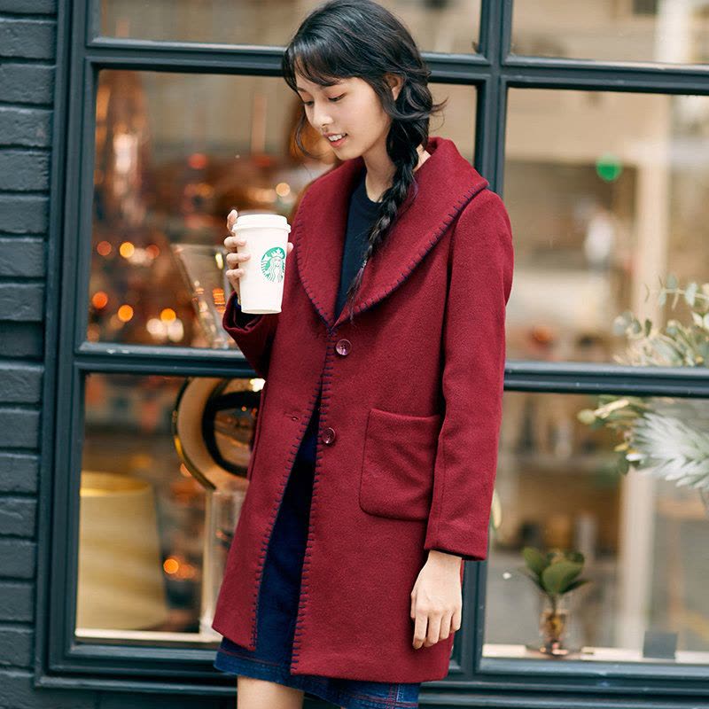 茵曼女冬款绣线大翻领毛呢外套女中长款呢子大衣图片