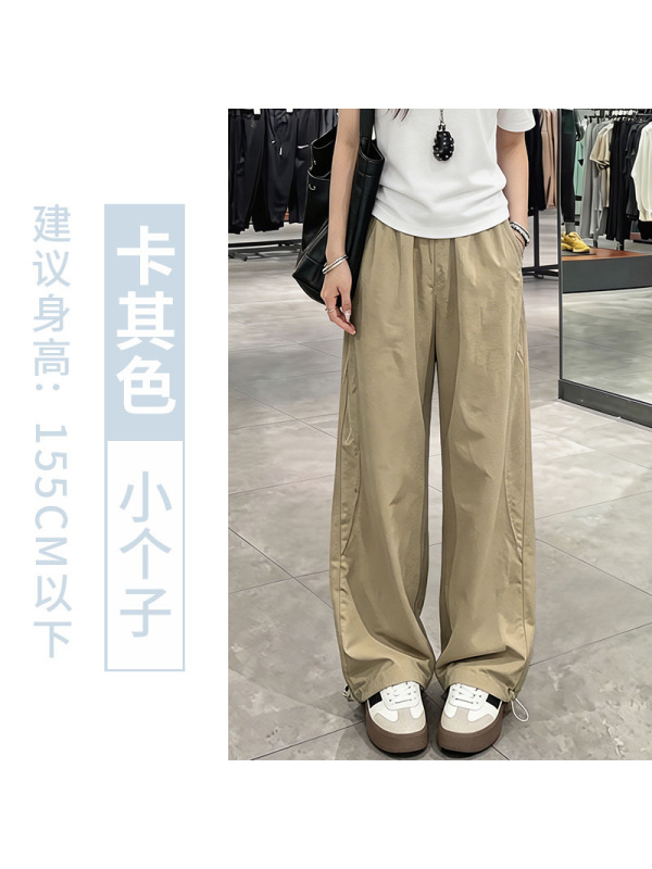 卡其色阔腿裤女夏薄款2026新款高腰宽松直筒运动裤冰丝速干工装裤
