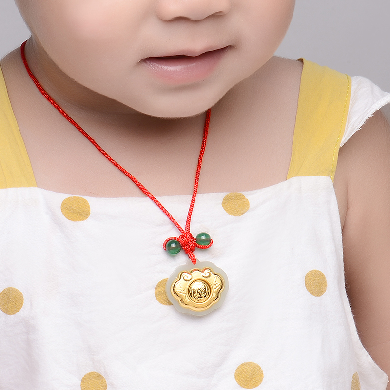 蒂蔻会转动的聪明伶俐平安锁金镶玉吊坠项链宝宝款和田玉镶嵌编织红绳