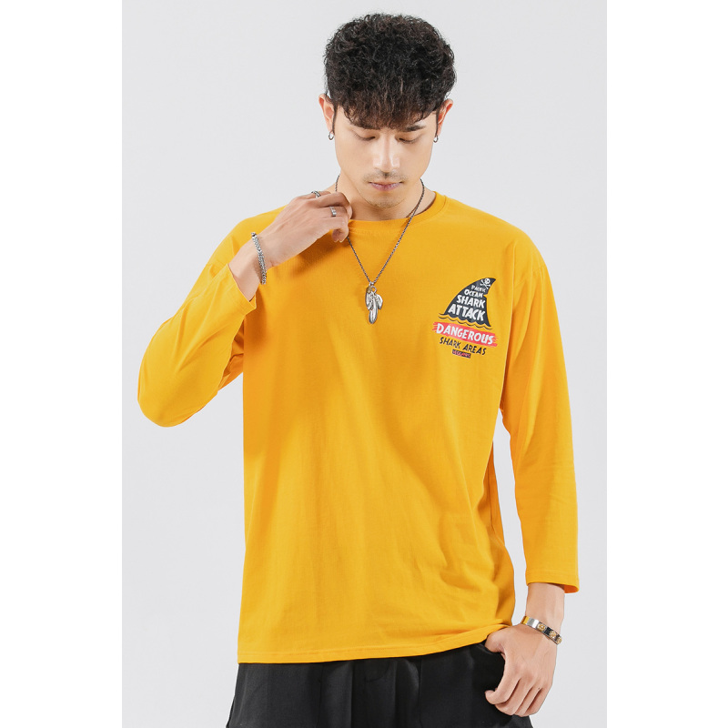 三弦(LA CORDE)男士长袖T恤秋季纯色圆领时尚潮流上衣服韩版宽松春秋印花打底衫LA-MD9607