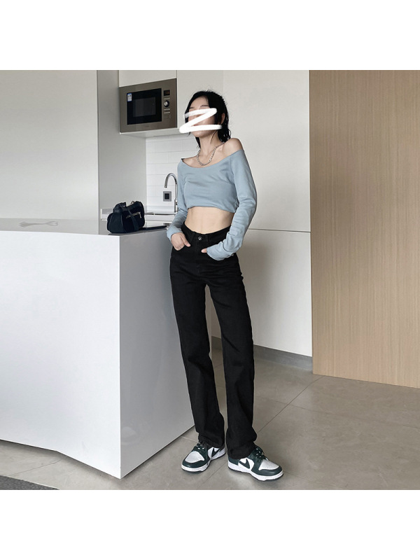 2021秋季韩国小直筒牛仔裤女高腰显瘦宽松烟管裤秋冬弹力直筒长裤