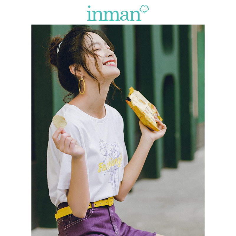 茵曼纯棉T恤女2019夏装新款时尚印花英文绣花宽松落肩袖宽松百搭