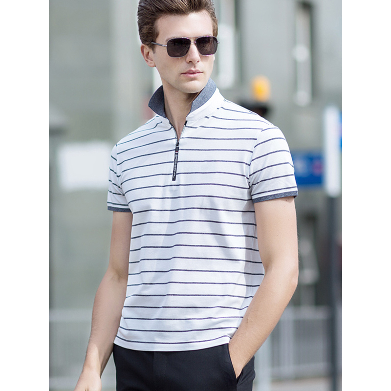 卡帝乐鳄鱼cartelo短袖t恤男条纹翻领宽松休闲中年男士t恤衫bab7896