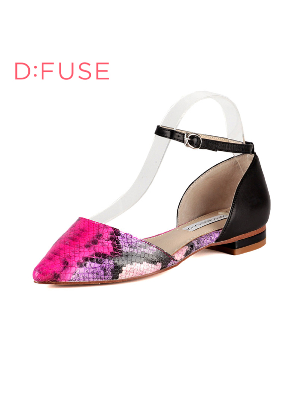 D：Fuse/迪芙斯蛇纹羊皮尖头中空拼接低跟舒适女鞋DF61113013