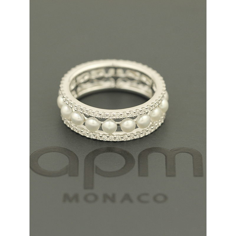 apm MONACO双圈镶嵌珍珠925银戒指女士 时尚气质银指环食指戒首饰