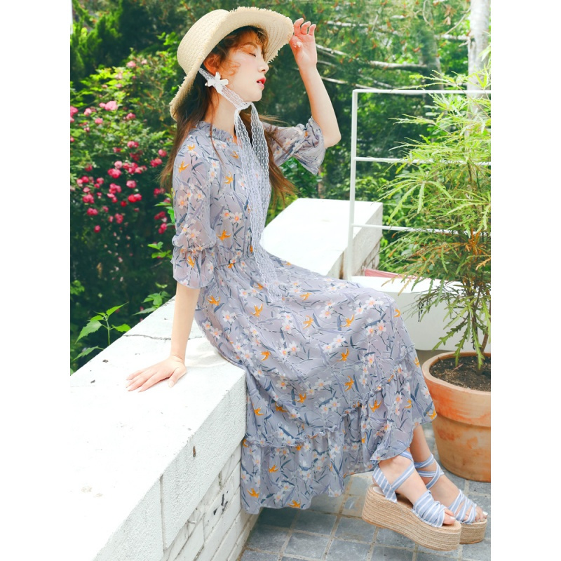 韩都衣舍2018夏装新款复古仙女裙碎花雪纺中长连衣裙GJ8609茆