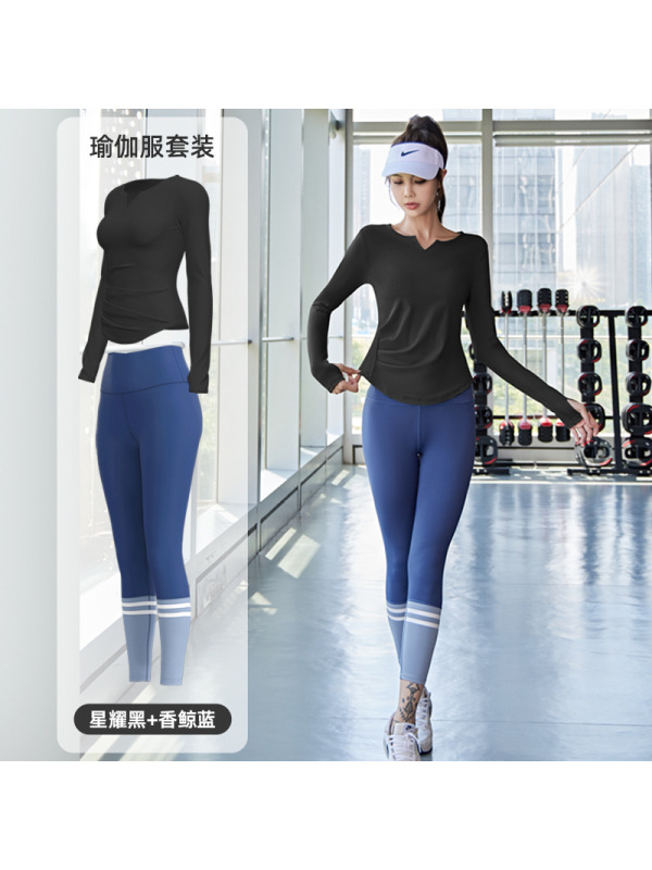 V领裸感瑜伽服无缝弹力高腰提臀健身套装跑步运动骑行服