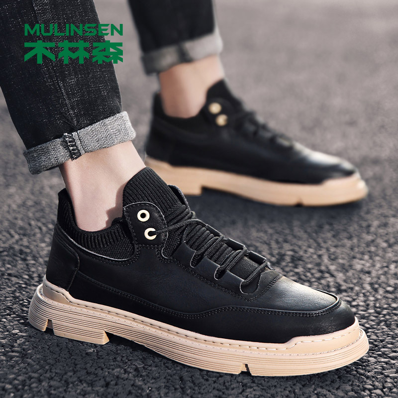 木林森男鞋2020新款春季工装鞋袜子口休闲皮鞋男马丁靴低帮男潮鞋