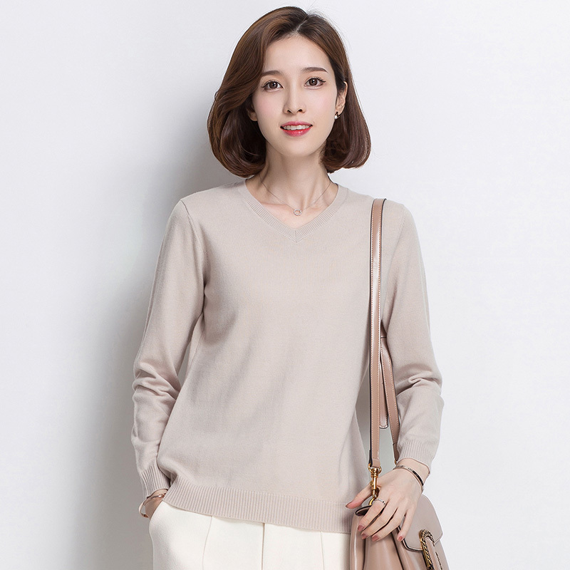 恒源祥羊毛衫女v领2019秋冬新款套头针织衫百搭修身打底毛衣女