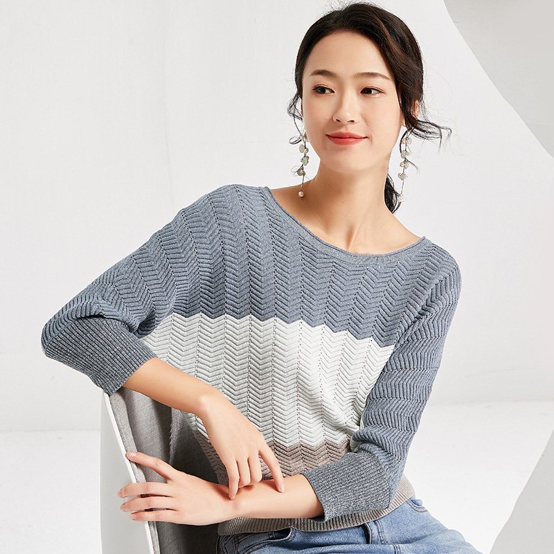 欧昵雪圆领撞色宽松七分蝙蝠袖毛衣女显瘦针织衫上衣