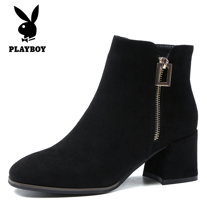 PLAYBOY/花花公子冬季休闲简约纯色圆头粗跟时尚短靴女G12299219