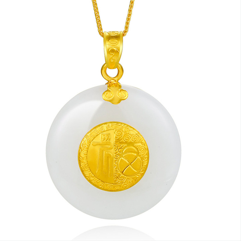 欧慕珠宝18k金肖邦链女士锁骨链上等和田玉镶嵌足金平安扣吊坠项链