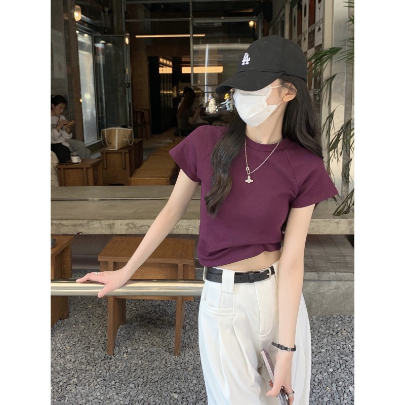 短款正肩短袖T恤女2025夏季修身显瘦休闲性感辣妹体恤学生上衣潮