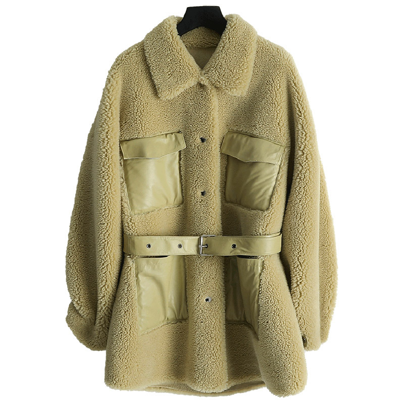 女士时尚绵羊皮大颗粒羊剪绒大衣复合皮毛一体羊毛皮草外套