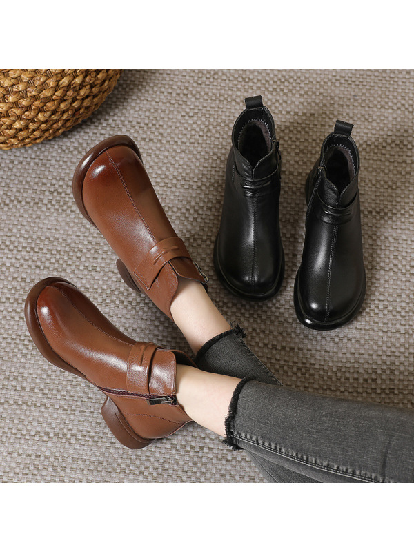 头层牛皮短靴大码软皮百搭低跟复古时装靴加绒低筒切尔西靴女