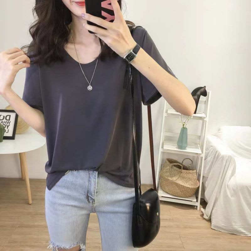夏季韩版新款短袖T恤女纯色V领打底衫学生上衣服韩国女装图片