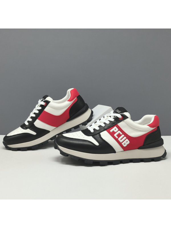 男生头层牛皮运动休闲鞋百搭男款潮鞋真皮拼色欧洲站厚底增高男鞋