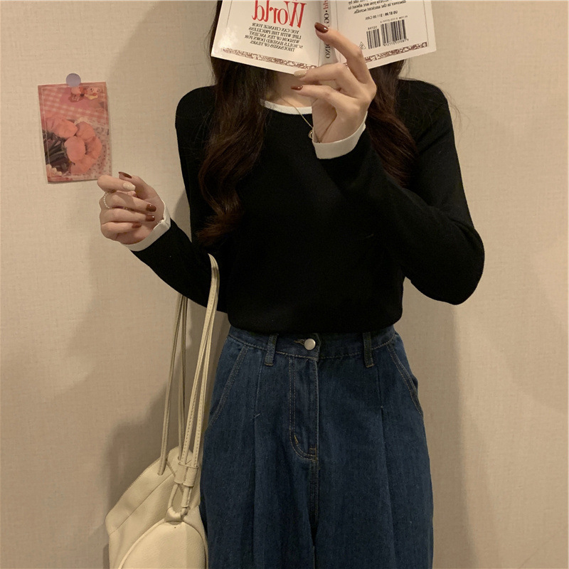 间色打底T恤女秋季新款长袖小众设计感修身圆领短款薄款上衣