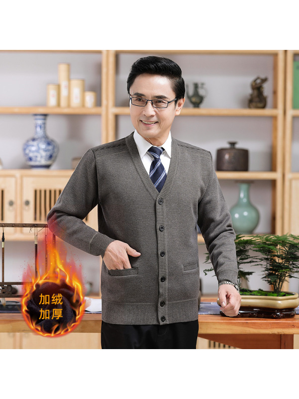 秋冬中年男士保暖加绒加厚外套北方大红长袖纯色提花加绒羊毛开衫