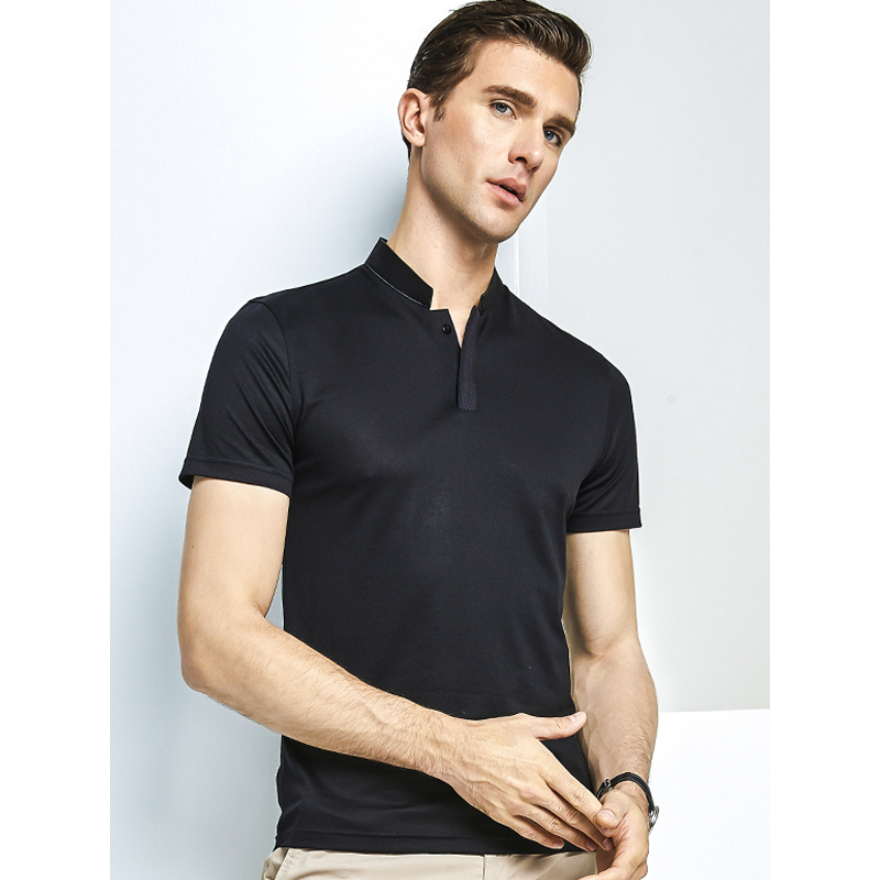 雅鹿男士短袖t恤2019纯色立领桑蚕丝商务半袖休闲夏装t恤上衣