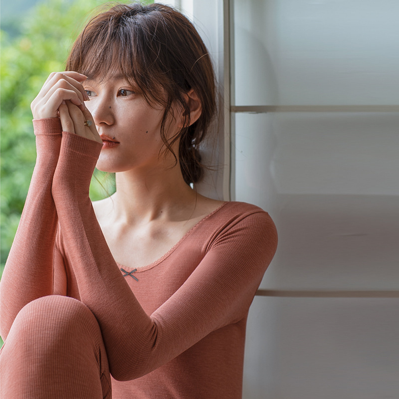 秋冬绵羊毛发热保暖内衣女薄款圆领紧身美体秋衣秋裤保暖套装