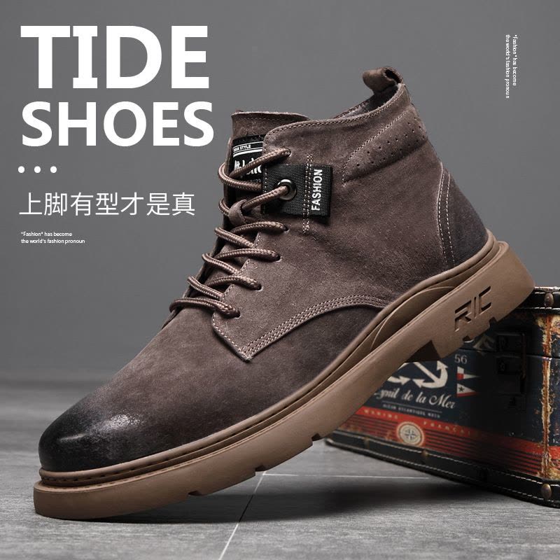 秋冬季马丁靴男中帮真皮休闲工装靴潮流英伦加绒保暖沙漠男靴图片