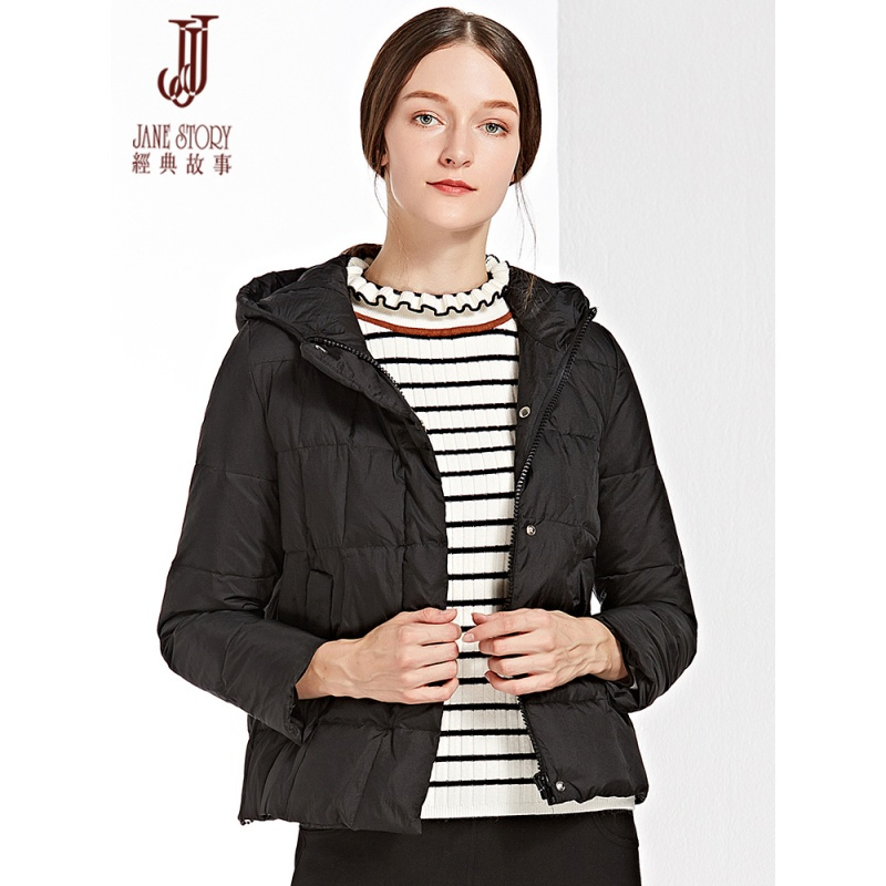 经典故事冬季修身保暖羽绒服女短款白鸭绒连帽长袖外套