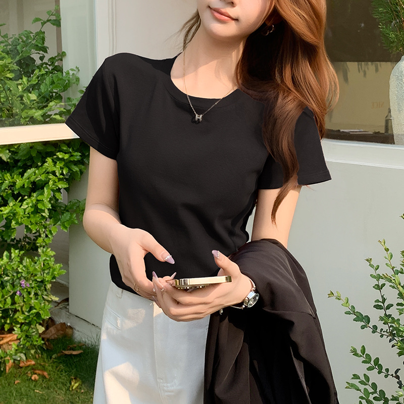 短袖女T恤2025新款夏薄款内搭打底衫小个子显瘦穿搭正肩圆领上衣