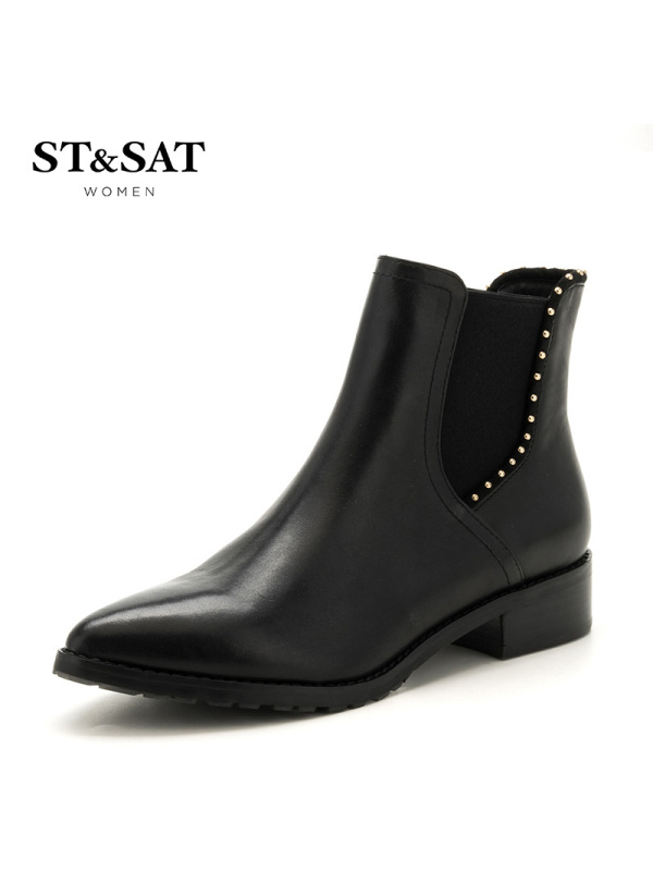 St&Sat/星期六冬新款切尔西短靴女牛皮尖头铆钉女靴子SS64117071