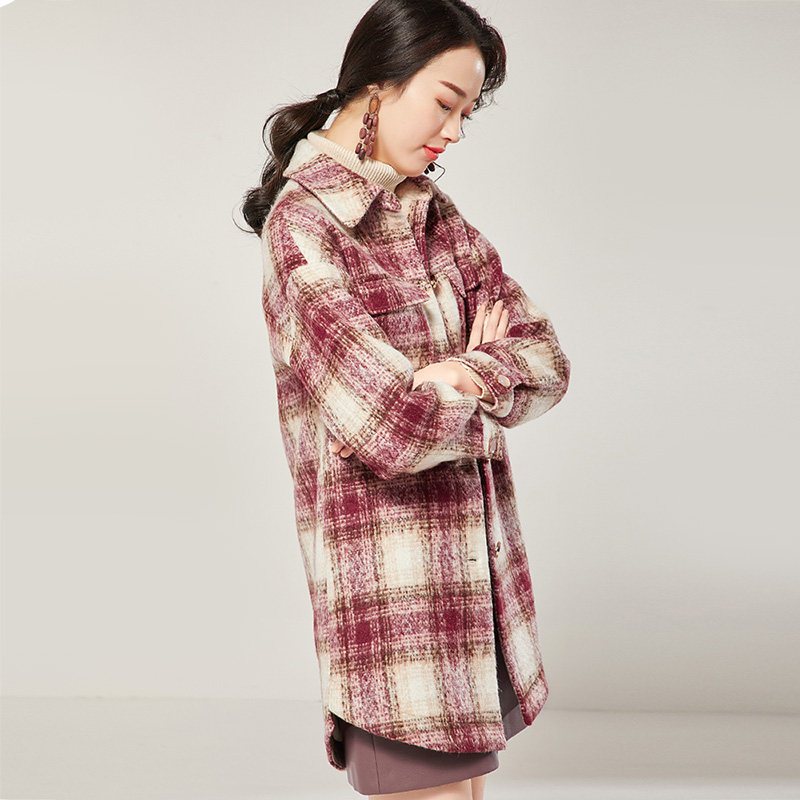 欧昵雪冬季翻领格纹前短后长宽松毛呢外套女中长款大衣