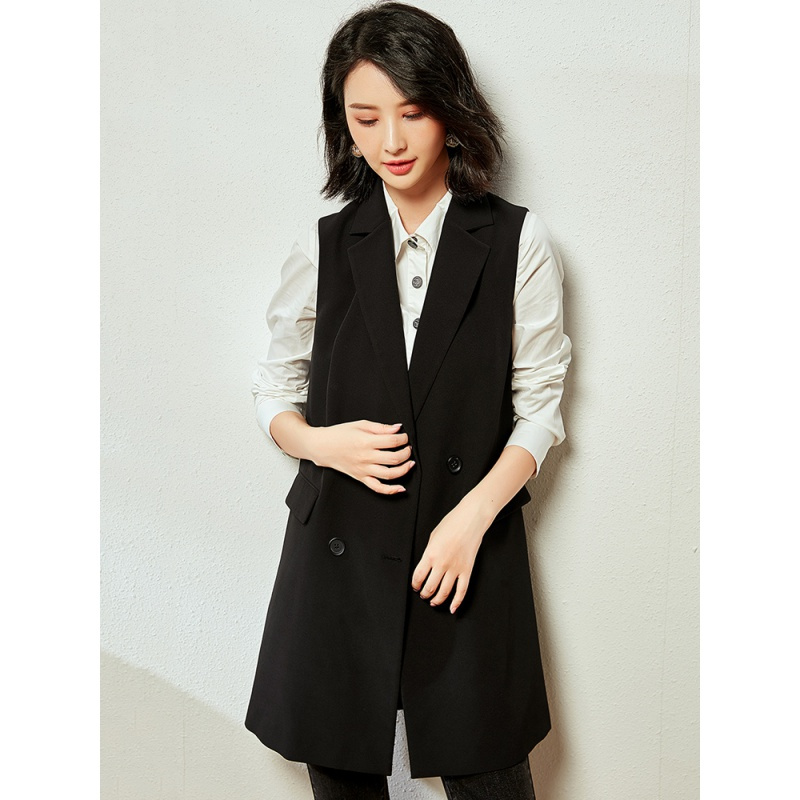 欧昵雪翻领双排扣显瘦西装马甲女中长款无袖马夹外套