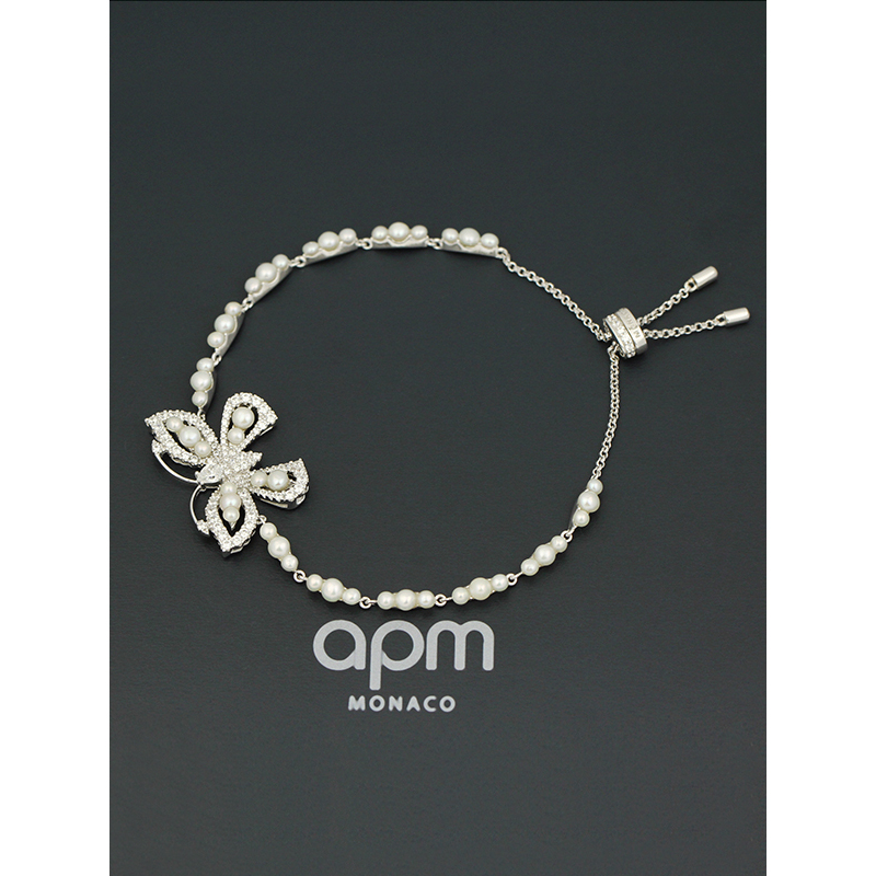 【apm MONACO】蝴蝶珍珠手腕链简约百搭女士款手环925银手链时尚手串商务休闲个性首饰礼物奢华贵族