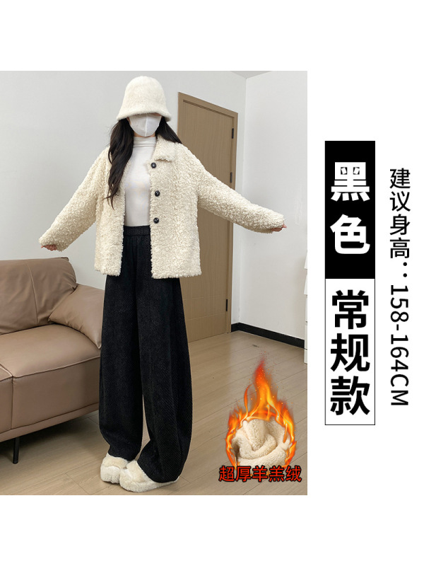 灰色毛呢裤女秋冬季加绒灯芯绒直筒小个子加厚羊羔绒阔腿裤子