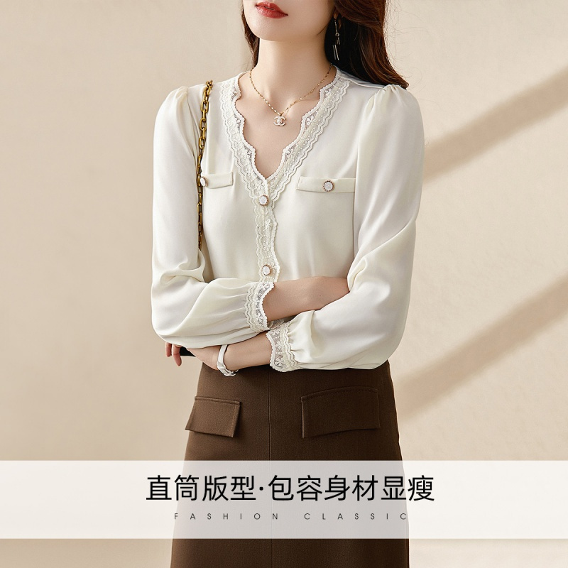 OUNIXUE欧昵雪 | 时尚气质女装小衫洋气显瘦长袖设计感花边拼接V领衬衫